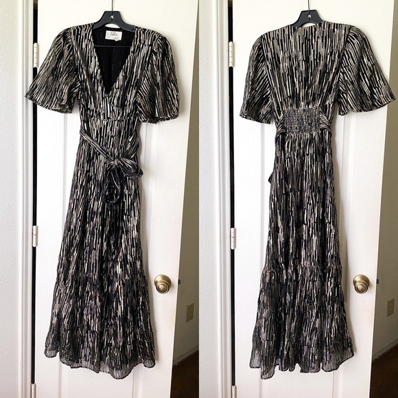 Ba&sh Dress Nixon Metallic Crossover-Neck Tie Maxi Party Black Gold XS GUC - Picture 2 of 12